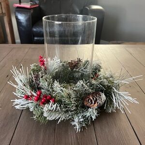 Christmas Hurricane Candle Holder with Flocked Pine Berry Candle Ring